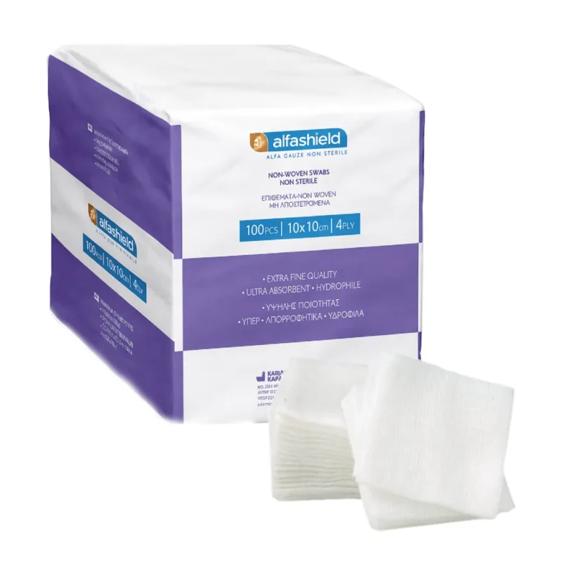 Alfashield μη αποστειρωμένες 10x10cm Non-Woven 4ply 100τμχ. Ιδανικό για καθημερινή χρήση σε τραύματα και για καθαρισμό του δέρματος, με υψηλή απορροφητικότητα και απαλή υφή. Διατίθεται στο meditone.gr – την αξιόπιστη πηγή για ιατρικά προϊόντα στην Πάτρα.