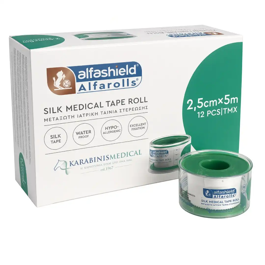 kouti-apo-alfashield-alfa-rolls-metaxini-iatriki-tainia-stereosis-2-5cm-x-5m Κουτί 12 τεμαχίων Alfashield | ALFA ROLLS μετάξινη ιατρική ταινία στερέωσης 2.5cm x 5m