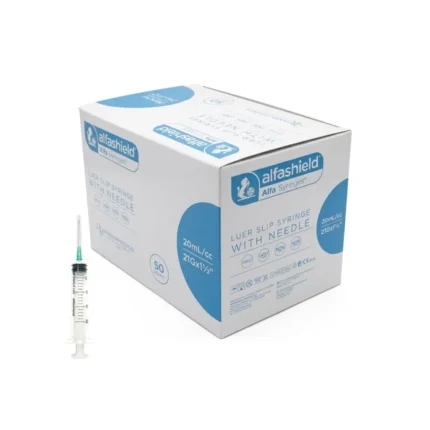 Σύριγγες Alfashield 20ml με βελόνα σε κουτί 50 τεμαχίων.